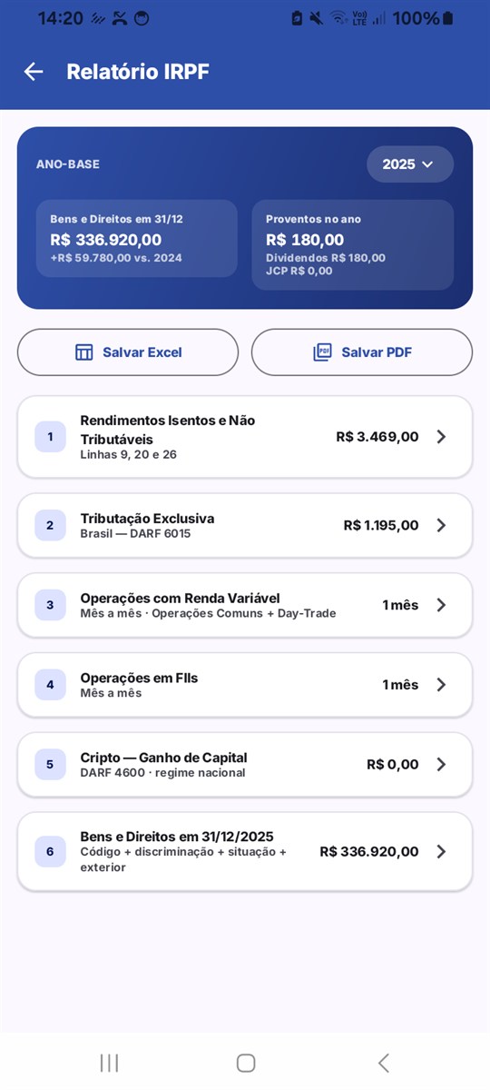 Tela Relatório anual de IRPF: bens e direitos, isentos e tributação exclusiva