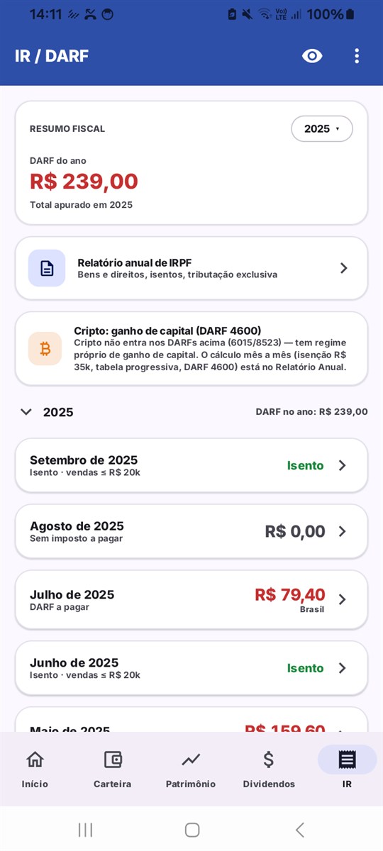 Tela IR mensal: DARF apurado mês a mês